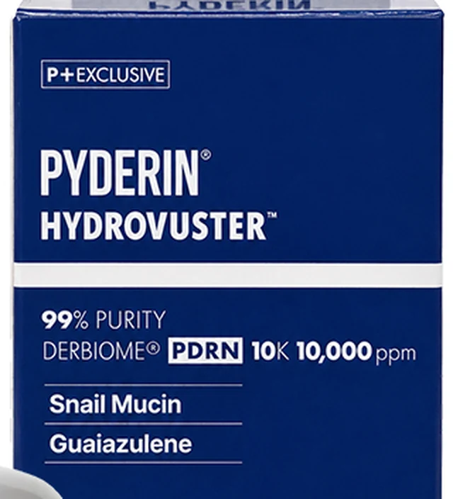 HYDROVUSTER PDRN SOS ダーマ スージング セラムのパッケージ正面。99% PURITY DERBIOME PDRN 10K 10,000ppm、Snail Mucin、Guaiazuleneと書かれている